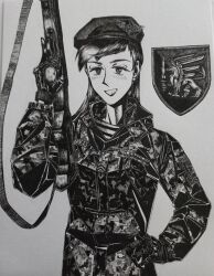  1girl aiming_up assault_rifle beret blush bordfunker133 breasts camouflage camouflage_jacket camouflage_pants commentary digital_camouflage english_commentary greyscale grin gun hand_on_own_hip hat highres holding holding_gun holding_weapon jacket kira_deineko lipstick long_hair looking_at_viewer makeup military_uniform monochrome original pants parted_lips photo_(medium) rifle shirt simple_background small_breasts smile solo striped_clothes striped_shirt tactical_gloves telnyashka trigger_discipline ukrainian_vdv unit_patch upper_body vdv weapon 