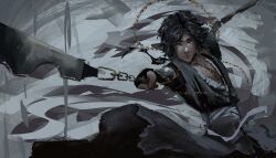  1boy absurdres bad_link black_gloves black_hair black_tunic chain commentary commission dagger english_commentary fingerless_gloves gloves gold_chain highres holding holding_chain holding_dagger holding_knife holding_weapon ignoramoose knife looking_at_viewer male_focus original outstretched_arms pectoral_cleavage pectorals red_eyes second-party_source serious shadow_slave short_hair solo tunic waistband weapon 
