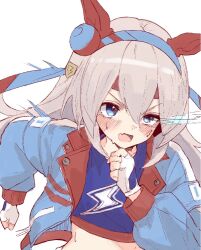  1girl animal_ears blue_eyes blue_hairband blue_jacket blue_sports_bra blush commentary_request crop_top ear_covers eye_trail fang fingerless_gloves gloves grey_hair hair_between_eyes hairband headband horse_ears horse_girl jacket kaiwan_(kaiwan_zhang) light_trail lightning_bolt_print lightning_bolt_symbol long_hair long_sleeves multicolored_hairband open_mouth red_headband running skin_fang solo sports_bra striped_clothes striped_hairband sweat tamamo_cross_(umamusume) tamamo_cross_(with_lightning_speed)_(umamusume) two-tone_hairband umamusume upper_body 
