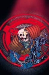  1boy aqua_neckerchief armor artist_collaboration cable_(marvel) comic_cover commentary corpse english_commentary flower glowing grey_flower highres male_focus marvel matt_wilson melting neckerchief official_art pauldrons prosthesis prosthetic_arm russell_dauterman shoulder_armor skeleton skull solo superhero_costume teeth torn_clothes x-men 