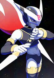  1boy android armor black_armor black_background black_helmet commentary_request cowboy_shot forehead_jewel helmet hidden_phantom_(mega_man) holding holding_knife knife kunai male_focus mega_man_(series) mega_man_zero_(series) ninja red_scarf scarf simple_background solo sznami129 weapon 