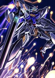  aqua_eyes beam_rifle bit_(gundam) deraken earth_(planet) energy_gun eye_trail glowing glowing_eyes gun gundam gundam_age gundam_legilis highres holding holding_gun holding_weapon light_trail mecha mecha_focus mobile_suit no_humans planet robot science_fiction solo space v-fin weapon 