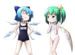  blue_hair cirno daiyousei fairy_wings green_eyes green_hair ice kusaba multiple_girls name_tag one-piece_swimsuit ribbon school_swimsuit swimsuit touhou white_school_swimsuit wings 