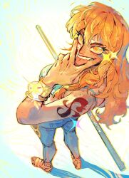  1girl arm_tattoo bikini bikini_top_only clima-tact freckles full_body long_hair nami_(one_piece) one_piece orange_hair ringed_eyes simple_background solo standing swimsuit tattoo toboldlymuppet tongue tongue_out v yellow_eyes 