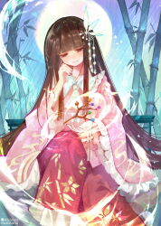  1girl absurdres artist_name ascot bamboo bamboo_print branch brown_eyes brown_hair closed_mouth collared_shirt commentary_request frilled_shirt_collar frilled_skirt frilled_sleeves frills full_moon hair_ornament highres houraisan_kaguya jeweled_branch_of_hourai kozawa_kazahana long_hair long_sleeves moon pink_shirt print_skirt red_skirt shirt skirt smile solo touhou very_long_hair white_ascot wide_sleeves 