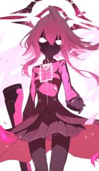  1girl absurdres black_pantyhose black_skirt blank_eyes blue_archive commentary_request gloves gun hair_between_eyes halo highres hoshino_(blue_archive) hoshino_terror_(blue_archive) matchadzuke pantyhose partial_commentary pink_hair pink_halo pink_theme rectangular_halo shirt short_hair skirt solo weapon white_background 