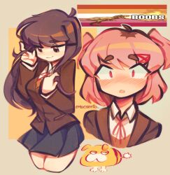  2girls black_skirt blush breasts brown_jacket cameo commentary creature cropped_legs cropped_shoulders dinosaur doki_doki_literature_club emocheeto english_commentary highres jacket lesbian_flag long_hair looking_at_another looking_down medium_breasts multiple_girls natsuki_(doki_doki_literature_club) oatchi_(pikmin) open_mouth pikmin_(series) pink_eyes pink_hair purple_hair red_ribbon ribbon school_uniform short_hair short_twintails skirt twintails violet_eyes wide-eyed yuri yuri_(doki_doki_literature_club) 