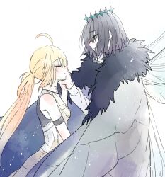  1boy 1girl artoria_caster_(fate) artoria_caster_(first_ascension)_(fate) artoria_pendragon_(fate) black_hair blaulilie110 blonde_hair breasts cape closed_eyes commentary_request crown dragonfly_wings dress fate/grand_order fate_(series) fur-trimmed_cape fur_trim grey_cape hand_on_another's_cheek hand_on_another's_face height_difference medium_breasts oberon_(fate) oberon_(third_ascension)_(fate) ponytail sleeveless sleeveless_dress 