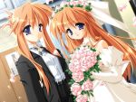  bouquet bouquets bride dress flower formal game_cg long_hair niji_no_kanata_ni orange_hair pant_suit redhead suit wedding_dress yuri 