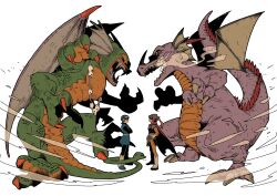  2boys armor black_bodysuit blue_hat blue_tunic bodysuit boots cape claws commentary_request crossed_arms d_d_work dragon dragon_lord dragon_quest dragon_quest_i dragon_quest_ii dragon_tail dragon_wings fake_horns fangs fins from_side full_body gloves goggles goggles_on_headwear green_scales hand_on_own_hip hat head_fins helmet hero_(dq1) highres horned_helmet horns jewelry looking_at_another male_focus multiple_boys necklace open_mouth orange_bodysuit prince_of_lorasia profile purple_scales red_cape sharp_teeth shoulder_armor sidoh size_difference skull_necklace standing tail teeth tunic white_background white_boots white_gloves wings 