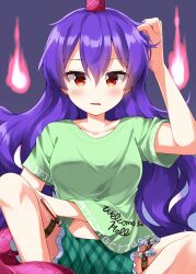  1girl blush breasts collarbone commentary_request completion_time double-parted_bangs feet_out_of_frame frilled_shorts frills green_shirt green_shorts hair_between_eyes hand_on_own_head highres horns large_breasts long_hair open_mouth pink_horns plaid_clothes plaid_shorts purple_background purple_hair red_eyes ruu_(tksymkw) scratching_stomach shirt short_sleeves shorts simple_background single_horn sitting solo t-shirt tail tenkajin_chiyari test_tube touhou 