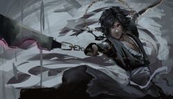  1boy absurdres bad_link black_gloves black_hair black_tunic chain commentary commission dagger english_commentary fingerless_gloves gloves glowing glowing_eyes gold_chain highres holding holding_chain holding_dagger holding_knife holding_weapon ignoramoose knife looking_at_viewer male_focus original outstretched_arms pectoral_cleavage pectorals red_eyes second-party_source serious shadow_slave short_hair solo tunic variant_set waistband weapon 