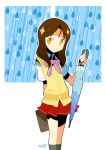  bow brown_hair hamamoto_ryuusuke orange_eyes original rain satchel school_bag skirt smile sweater sweater_vest umbrella 