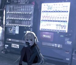  1girl black_sailor_collar black_serafuku cellphone highres long_hair long_sleeves original phone sailor_collar school_uniform serafuku si_(wooupp) sitting skirt solo vending_machine 