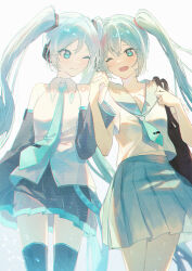  2girls ;) ;d aqua_eyes aqua_hair aqua_necktie aqua_sailor_collar aqua_skirt black_bag black_boots black_skirt black_sleeves boots closed_mouth collared_shirt commentary_request detached_sleeves hair_between_eyes hatsune_miku highres long_hair long_sleeves miniskirt multiple_girls necktie necojishi one_eye_closed open_mouth pleated_skirt sailor_collar school_uniform serafuku shirt skirt sleeveless sleeveless_shirt smile thigh_boots tie_clip twintails very_long_hair vocaloid white_shirt 