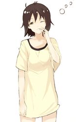  brown_hair dress_shirt messy_hair shiromiso shirt short_hair simple_background sleepy wink yawn yawning 