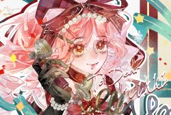  1girl aegyo_sal antique_phone bead_bracelet beads black_gloves bow bowtie bracelet brown_eyes character_name chinese_commentary choker closed_mouth clothes_writing collarbone commentary_request dress elbow_gloves eyelashes frilled_dress frills gloves hair_beads hair_ornament hair_ribbon hairclip happy highres holding holding_phone jewelry large_ribbon lipstick long_hair looking_ahead makeup nikki_(nikki) nikki_(series) outline phone pink_hair pink_lips qiziyan390 red_bow red_bowtie red_choker red_dress red_eyes ribbon ringlets short_sleeves smile snowflakes solo sparkle square_neckline star_(symbol) talking_on_phone two-tone_background upper_body white_background white_outline white_sleeves x_hair_ornament yellow_background 