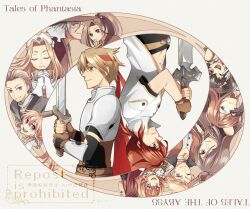  6+boys 6+girls adjusting_eyewear anise_tatlin arche_klein armor asch_(tales) black_gloves black_hair black_pants blonde_hair blunt_bangs breastplate brown_eyes brown_gloves chester_burklight claus_f._lester closed_eyes closed_mouth coat copyright_name cress_albane facial_mark finger_to_mouth fingerless_gloves fujibayashi_suzu glasses gloves grey_coat grey_hair guy_cecil hair_between_eyes hair_over_one_eye headband holding holding_sword holding_weapon jade_curtiss jo_ro_ri long_hair low_ponytail luke_fon_fabre midriff mint_adenade multiple_boys multiple_girls natalia_luzu_kimlasca_lanvaldear one_eye_closed open_mouth own_hands_clasped own_hands_together pants parted_bangs pauldrons pendant_choker ponytail praying red_hair red_headband short_hair shoulder_armor sidelocks smile sword tales_of_(series) tales_of_phantasia tales_of_the_abyss tear_grants upper_body vambraces weapon white_coat white_gloves 