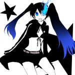  black_hair black_rock_shooter black_rock_shooter_(character) blue_eyes kino_hazuki long_hair midriff shorts solo twintails uneven_twintails 