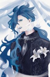  1boy black_jacket black_necktie black_vest blue_hair blue_lips clenched_teeth commentary_request flower highres idia_shroud jacket lily_(flower) long_hair male_focus necktie saku_(dodongagerogero) sharp_teeth solo tears teeth twisted_wonderland upper_body very_long_hair vest white_flower yellow_eyes 