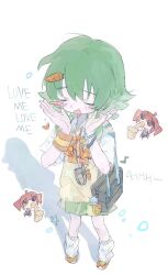  2girls :d blush bracelet carrot_hair_ornament closed_eyes doodle_inset food-themed_hair_ornament green_hair green_skirt gumi hair_ornament instrument jewelry kasane_teto kumiko_11 leg_warmers multiple_bracelets multiple_girls musical_note saxophone skirt smile vocaloid walkie-talkie white_background white_leg_warmers 