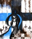  black_rock_shooter black_rock_shooter_(character) blue_eyes cape chain chains hair_over_one_eye long_hair midriff shorts solo twintails ushiki_yoshitaka vocaloid 