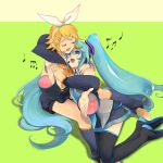  2girls blue_eyes blue_hair closed_eyes detached_sleeves hair_ornament hair_ribbon hair_ribbons hairclip hatsune_miku hug kagamine_rin long_hair musical_note notes ribbon ribbons short_hair singing sitting thigh-highs thighhighs twintails vocaloid yuri yuriko_(kkk9) 