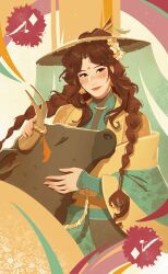  1girl abstract_background amonimy black_eyes blush braid brown_hair bull card_(medium) chinese_clothes closed_eyes closed_mouth dress earrings flower gold_earrings gold_trim green_dress green_veil hair_flower hair_ornament hanfu hat high_collar highres horns huadian jewelry layered_sleeves long_hair long_sleeves orange_flower orange_lips ornate_clothes rice_hat russian_commentary solo tassel tianguan_cifu twin_braids veil very_long_hair warm_colored wide_sleeves yushi_huang 