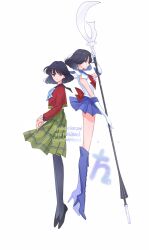  2girls back-to-back back_bow bishoujo_senshi_sailor_moon black_hair black_pantyhose black_sailor_collar black_shoes blue_bow blue_bowtie boots bow bowtie commentary dated_commentary dual_persona elbow_gloves from_side full_body gloves green_skirt high_heel_boots high_heels highres holding holding_polearm holding_weapon knee_boots looking_at_viewer magical_girl medium_hair miniskirt mugen_gakuen_school_uniform multiple_girls namisonpictures pantyhose plaid_clothes plaid_skirt pleated_skirt polearm purple_boots purple_sailor_collar purple_skirt red_bow red_bowtie red_shirt sailor_collar sailor_saturn sailor_senshi sailor_senshi_uniform saturn_symbol school_uniform shirt shoes silence_glaive simple_background skirt tomoe_hotaru weapon white_background white_gloves 