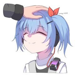  1girl 1other absurdres artist_name blue_hair bow closed_eyes colphne_(girls'_frontline_2) commentary girls'_frontline_2:_exilium girls_frontline hair_bow hair_ornament happy headpat headphones highres pennycilin030 red_bow shirt short_hair smile solo_focus upper_body white_background white_shirt 