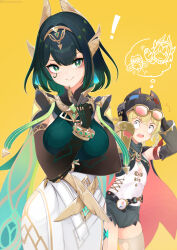  2girls armor black_gloves black_hair black_hat black_shorts breasts brown_sleeves closed_mouth commentary_request dress eyewear_on_head facial_mark fukaya_miku genshin_impact gloves gold_trim gradient_hair green_eyes green_hair hairband hat highres jahoda_(genshin_impact) long_hair medium_breasts medium_hair multicolored_hair multiple_girls nefer_(genshin_impact) open_mouth pink-framed_eyewear shirt shorts shoulder_armor single_thighhigh smile thigh-highs torn_clothes torn_thighhighs white_shirt white_thighhighs yellow_background 