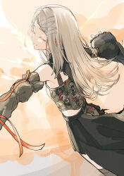  1girl absurdres asymmetrical_clothes belt black_belt blonde_hair breasts closed_eyes collared_shirt colored_eyelashes commentary_request contrast_(idolmaster) cropped_shirt detached_sleeves facing_to_the_side feet_out_of_frame flipped_hair from_behind gakuen_idolmaster gradient_background grey_shirt grey_skirt hair_ornament hairclip highres idolmaster lace-trimmed_shirt lace-trimmed_sleeves lace_trim light_blush long_hair long_sleeves midriff open_mouth orange_background orange_ribbon outstretched_arms parallel_hairclips parted_bangs ribbon ribbon-trimmed_sleeves ribbon_trim sakanatakana shinosawa_hiro shirt single_detached_sleeve skirt small_breasts smile solo spread_arms standing wide_sleeves x_hair_ornament 