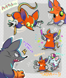  1girl 2boys ^_^ alternate_form animal_ears black_eyes closed_eyes collar colored_sclera commentary feathered_wings gloves glowstick grey_fur grey_gloves hat headphones heart heart_(mad_rat_dead) heart_print highres holding holding_glowstick mad_rat_(mad_rat_dead) mad_rat_dead mouse_boy mouse_ears mouse_girl mouse_tail multiple_boys musical_note necktie orange_gloves purple_hat purple_necktie rat_god_(mad_rat_dead) red_fur sharp_teeth slit_pupils surprised sweatdrop tail takono teeth translated waving white_collar white_fur white_wrist_cuffs wings wrist_cuffs yellow_sclera 