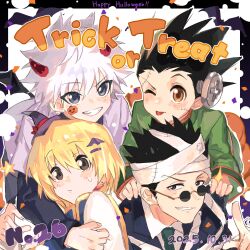  4boys bandages beer611gold black_hair blonde_hair blue_eyes brown_eyes dated glasses gon_freecss green_hair happy_halloween highres hunter_x_hunter killua_zoldyck kurapika leorio_paladiknight looking_at_viewer male_focus multiple_boys numbered one_eye_closed round_eyewear short_hair smile spiky_hair stitches teeth tongue tongue_out trick_or_treat upper_body white_hair 