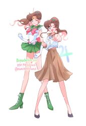  2girls back_bow bishoujo_senshi_sailor_moon boots bow bowtie brown_hair choker circlet clenched_hands dual_persona elbow_gloves full_body gloves green_boots green_choker green_eyes green_sailor_collar green_skirt grey_sailor_collar grey_skirt hashtag-only_commentary high_heel_boots high_heels highres jupiter_symbol kino_makoto kino_makoto's_school_uniform lace-up_boots long_hair looking_at_viewer miniskirt multiple_girls namisonpictures one_eye_closed open_mouth pink_bow pink_bowtie pleated_skirt ponytail sailor_collar sailor_jupiter sailor_senshi sailor_senshi_uniform school_uniform serafuku shirt simple_background skirt standing white_background white_gloves white_shirt 