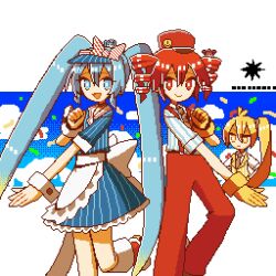  3girls :d :| akita_neru apron aqua_eyes aqua_hair black_necktie blonde_hair blue_dress blue_hat closed_mouth collared_shirt dress drill_hair gloves hands_on_own_hips hat hatsune_miku highres kasane_teto looking_at_another looking_at_viewer mesmerizer_(vocaloid) midoxxrx multiple_girls necktie open_mouth outstretched_arm outstretched_hand pants pixel_art red_hair red_hat red_pants red_suspenders ribbon shirt shoes short_sleeves side_ponytail smile socks standing standing_on_one_leg striped_clothes striped_dress striped_shirt twintails utau vertical-striped_clothes vertical-striped_dress vertical-striped_shirt vocaloid waist_apron yellow_eyes yellow_gloves 