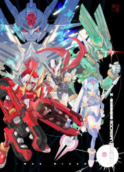  1girl 4boys absurdres arm_mounted_weapon black_eyes black_helmet blue_eyes blue_helmet copy_x_(mega_man) fairy_leviathan_(mega_man) fighting_fefnir_(mega_man) green_eyes green_helmet hand_on_own_hip helmet hidden_phantom_(mega_man) highres holding holding_polearm holding_weapon mega_man_(series) mega_man_zero_(series) mega_man_zero_1 multiple_boys polearm red_eyes red_helmet red_scarf ruoyi120 sage_harpuia_(mega_man) scarf standing standing_on_one_leg weapon 