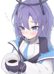  1girl black_gloves black_halo blue_archive blue_eyes blue_necktie blush collared_shirt commentary_request cup drink gloves gradient_eyes hair_between_eyes halo highres holding holding_cup jacket long_sleeves matchadzuke multicolored_eyes necktie partial_commentary puffy_long_sleeves puffy_sleeves purple_hair shirt solo translation_request violet_eyes white_jacket white_shirt yuuka_(blue_archive) 