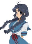 asakura_ryouko blue_eyes blue_hair braid long_hair school_uniform suzumiya_haruhi_no_yuuutsu tashimo twin_braids twintails 