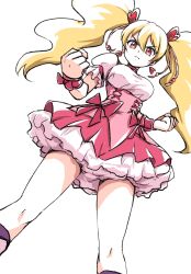  1girl blonde_hair bow breasts choker clenched_hands commentary cure_peach dress dress_bow earrings feet_out_of_frame fresh_precure! frilled_dress frills from_below hair_between_eyes hair_ornament heart heart_earrings heart_hair_ornament highres jewelry long_hair looking_at_viewer magical_girl medium_breasts momozono_love pink_bow pink_choker pink_dress precure puffy_short_sleeves puffy_sleeves red_eyes shirt short_sleeves simple_background solo standing underbust uraki v-shaped_eyebrows white_background white_shirt wristband 