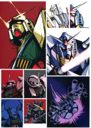  1980s_(style) absurdres back battle bazooka_(gundam) beam_cannon black_tri-stars cable dom_(mobile_suit) earth_federation energy_sword firing gouf gun gundam highres machine_gun machinery magazine_scan mecha mecha_focus mobile_armor mobile_suit mobile_suit_gundam multiple_views muzzle_flash nebula no_humans official_art one-eyed portrait promotional_art radio_antenna red_eyes retro_artstyle robot rx-78-2_gundam scan science_fiction shoulder_spikes space spikes star_(sky) sword tenjin_hidetaka thrusters traditional_media v-fin weapon yellow_eyes zaku_ii_s_char_custom zeon zeong zero_gravity 