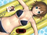  asahina_mikuru bikini blue_eyes breasts brown_hair cleavage inflatable_raft k+ large_breasts lying manga manga_(object) midriff navel playstation_portable pool psp short_hair side-tie_bikini suzumiya_haruhi_no_yuuutsu swimsuit underboob water wet 