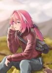 1boy absurdres astolfo_(fate) bangs black_bow blurry blurry_background bow commentary_request eyebrows_visible_through_hair fang fate/apocrypha fate/grand_order fate_(series) hair_bow highres jacket jtleeklm long_hair long_sleeves male_focus multicolored_hair otoko_no_ko outdoors pink_hair pink_hiar pink_jacket ponytail sitting skin_fang solo streaked_hair violet_eyes white_hair 