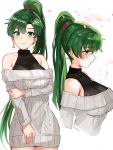  1girl absurdres bangs bare_shoulders blush breasts commentary_request dress earrings eyebrows_visible_through_hair fire_emblem fire_emblem:_the_blazing_blade green_eyes green_hair highres jewelry lips long_hair looking_at_viewer lyn_(fire_emblem) medium_breasts multiple_views off-shoulder_sweater off_shoulder ormille parted_bangs ponytail ribbed_sweater shiny shiny_hair shiny_skin simple_background smile solo sweater sweater_dress tied_hair turtleneck turtleneck_sweater upper_body 