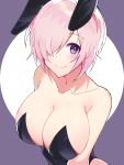  1girl absurdres animal_ears bangs bare_arms bare_shoulders black_leotard blush breasts bunnysuit collarbone commentary_request eyebrows_visible_through_hair fate/grand_order fate_(series) highres large_breasts lavender_hair leotard looking_at_viewer mash_kyrielight ookura_(karattooo) rabbit_ears smile solo strapless strapless_leotard violet_eyes 