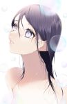  1girl absurdres bad_id bad_twitter_id blurry blurry_foreground bubble depth_of_field hair_between_eyes highres long_hair looking_up mole mole_on_neck nude original parted_lips pink_lips purple_hair sogawa solo upper_body violet_eyes wet wet_hair 