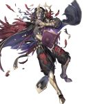  1boy black_hair book boots cape feathers fingerless_gloves fire_emblem fire_emblem_fates fire_emblem_heroes full_body gloves highres iago_(fire_emblem) injury long_hair mask official_art open_mouth p-nekor red_eyes solo teeth torn_clothes transparent_background 