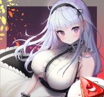  1girl absurdres apron autumn_leaves azur_lane bangs bare_shoulders black_hairband blush breasts cake cherry dido_(azur_lane) earrings eyebrows_visible_through_hair food frills fruit hair_ornament hairband highres huge_breasts huge_filesize jewelry long_hair looking_at_viewer maid plate silver_hair sleeveless solo thigh-highs under_boob underboob_cutout violet_eyes vividyume waist_apron 