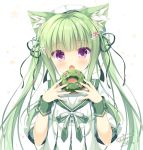 1girl animal_ear_fluff animal_ears bangs beret blush bow cat_ears chestnut_mouth commentary_request doughnut dress eyebrows_visible_through_hair fang flower food green_bow green_hair green_ribbon hair_flower hair_ornament hair_ribbon hands_up hat holding holding_food long_hair looking_at_viewer open_mouth original pink_flower puffy_short_sleeves puffy_sleeves ribbon sailor_collar sailor_dress short_sleeves signature simple_background solo striped striped_bow takano_yuki_(allegro_mistic) twintails upper_body violet_eyes white_background white_bow white_dress white_flower white_headwear white_sailor_collar 