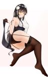  1girl absurdres ass azuma_(azur_lane) azuma_(soft_voice_of_spring)_(azur_lane) azur_lane bare_shoulders black_gloves black_hair black_legwear blush breasts china_dress chinese_clothes cl_(summer_sama) closed_mouth dress eyebrows_visible_through_hair feet flower garter_straps gloves hair_between_eyes hair_flower hair_ornament highres large_breasts legs lifted_by_self long_hair looking_at_viewer pantyhose simple_background solo thigh-highs very_long_hair white_background white_flower 
